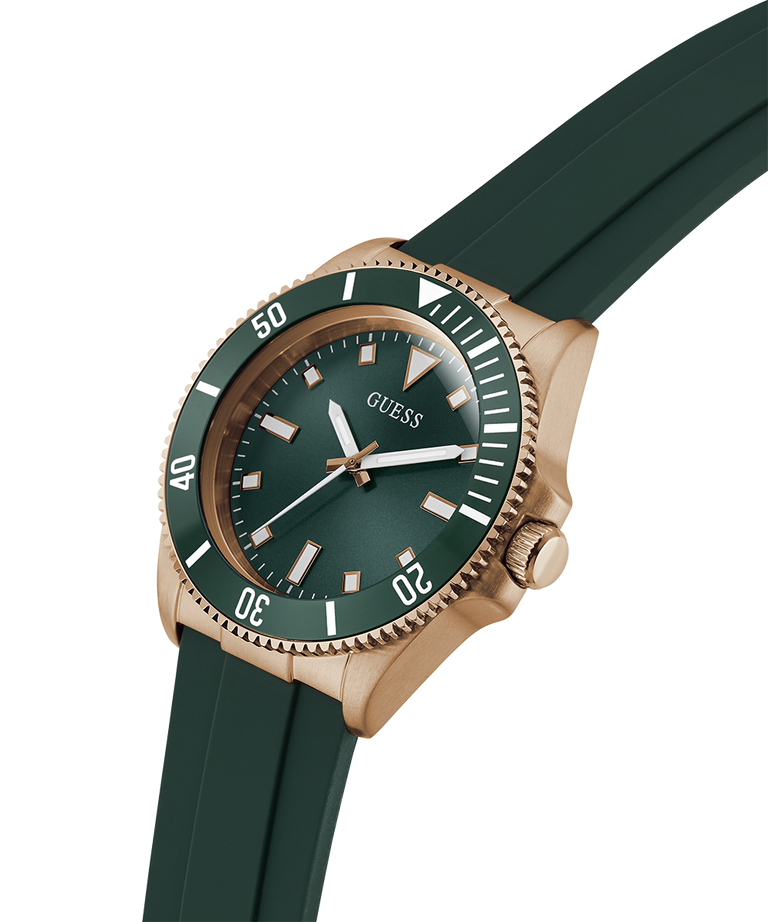 Green watch with rose gold case and green strap on white background lifestyle
