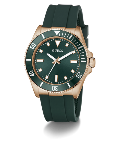 Green GUESS Mens Green Rose Gold Tone Analog Watch with rose gold case and green strap on white background