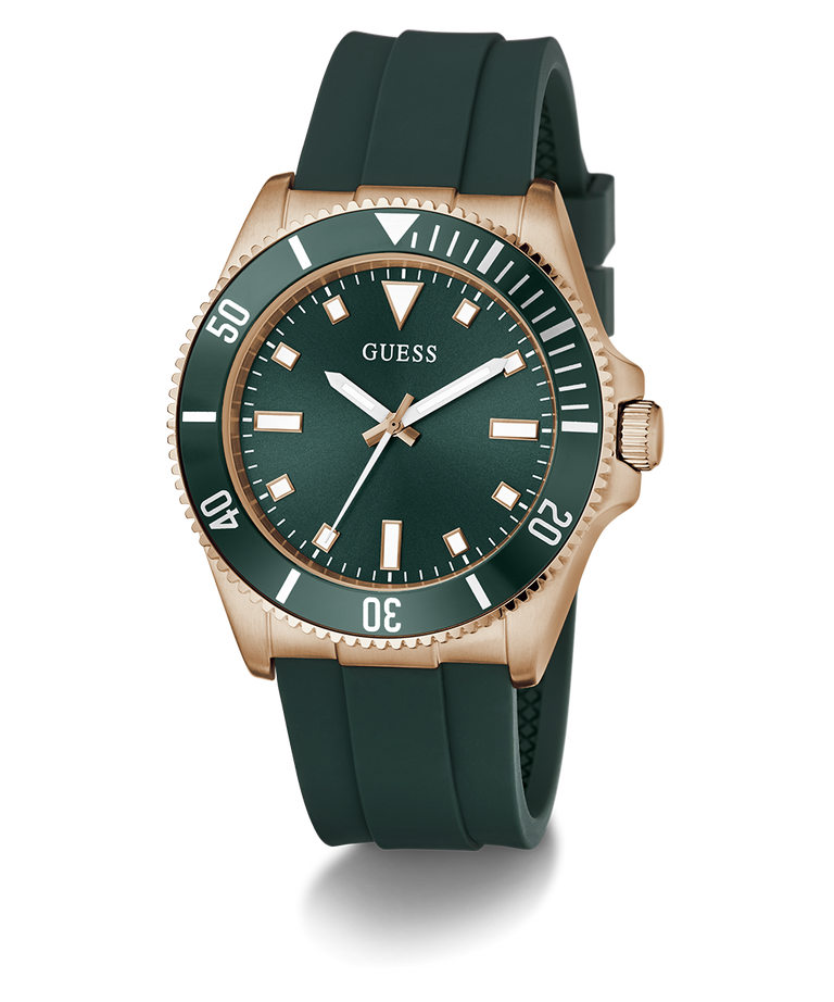 Green GUESS Mens Green Rose Gold Tone Analog Watch with rose gold case and green strap on white background