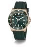 Green GUESS Mens Green Rose Gold Tone Analog Watch with rose gold case and green strap on white background