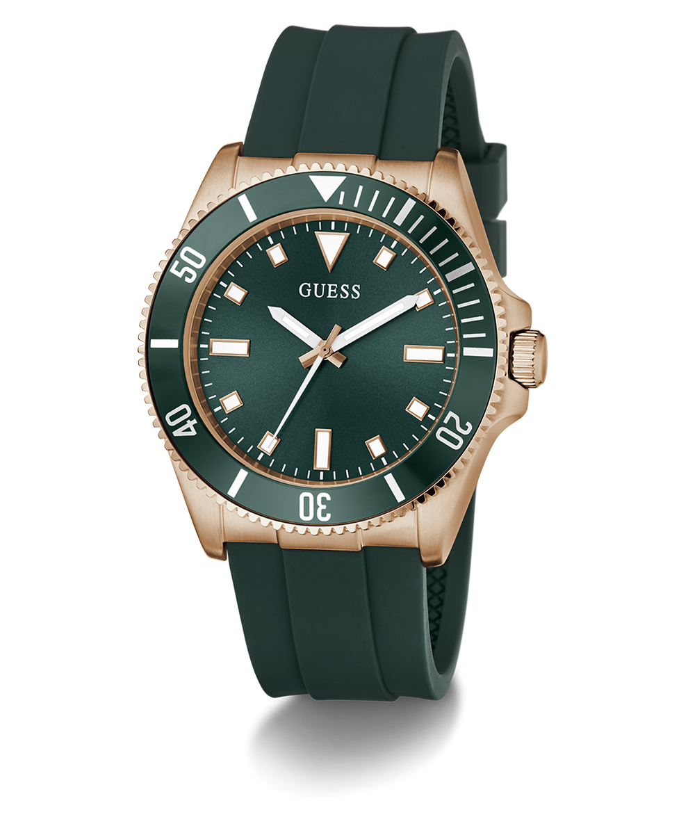 Green GUESS Mens Green Rose Gold Tone Analog Watch with rose gold case and green strap on white background