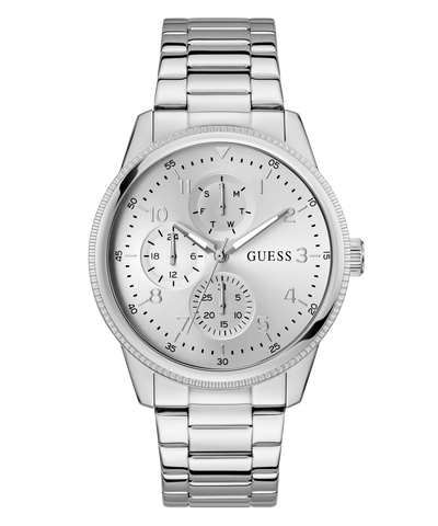 GUESS Mens Silver Tone Multi-function Watch with a detailed face on a white background
