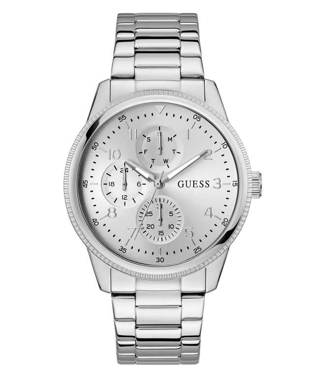 GUESS Mens Silver Tone Multi-function Watch with a detailed face on a white background