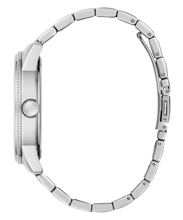 Close-up of a silver watch band on a white background
