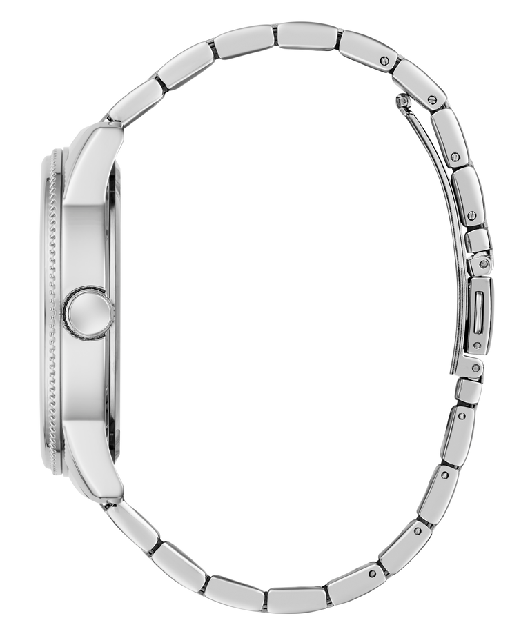 Close-up of a silver watch band on a white background