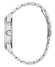 Close-up of a silver watch band on a white background