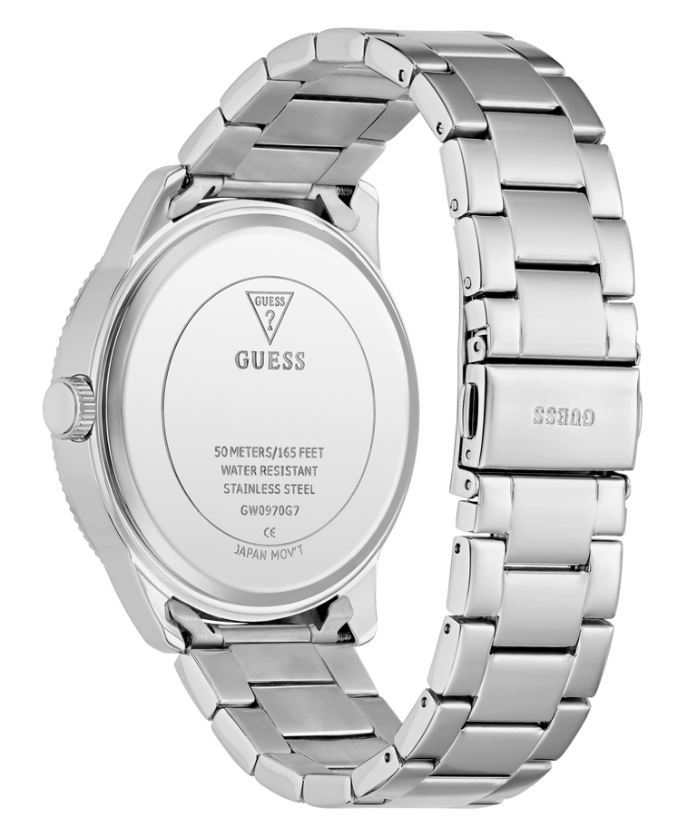 GUESS Mens Silver Tone Multi-function Watch with metal band on a white background