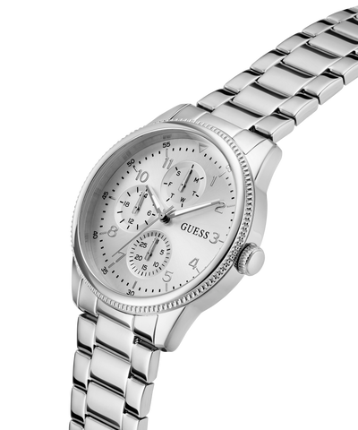GUESS Mens Silver Tone Multi-function Watch with a detailed face on a white background lifestyle