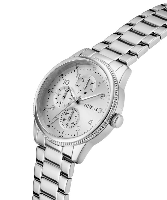 GUESS Mens Silver Tone Multi-function Watch with a detailed face on a white background lifestyle