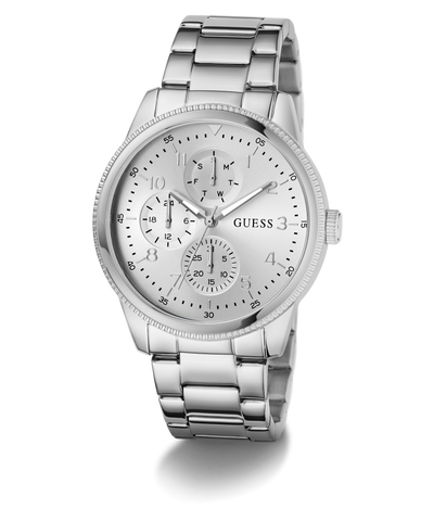 GUESS Mens Silver Tone Multi-function Watch with a white face on a white background