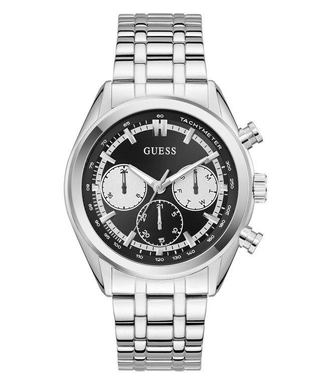 Silver GUESS Mens Silver Tone Multi-function Watch with black face on a white background