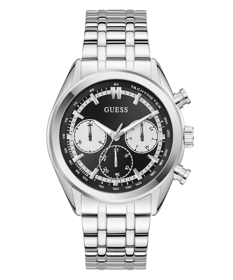 Silver GUESS Mens Silver Tone Multi-function Watch with black face on a white background