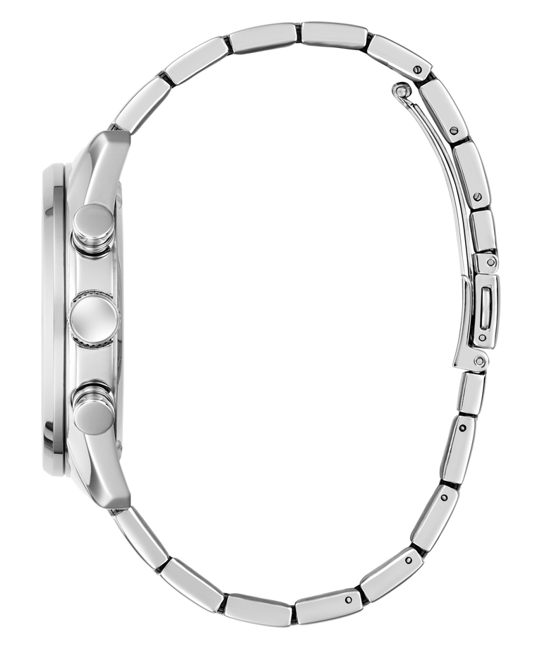 Close-up of a silver GUESS Mens Silver Tone Multi-function Watch band on a white background