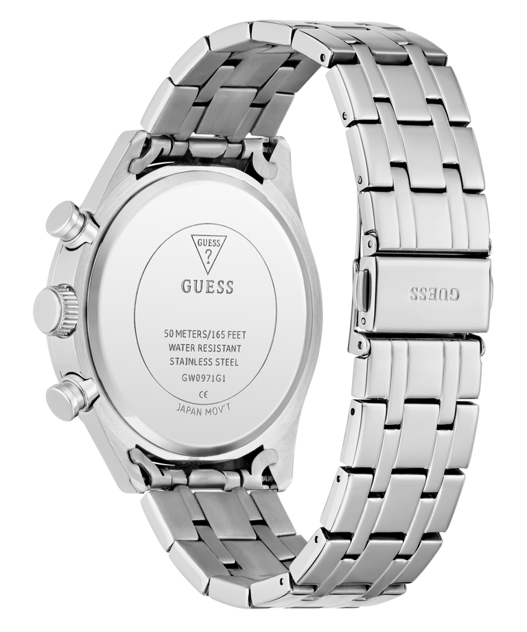 Silver GUESS Mens Silver Tone Multi-function Watch with metal band on a white background