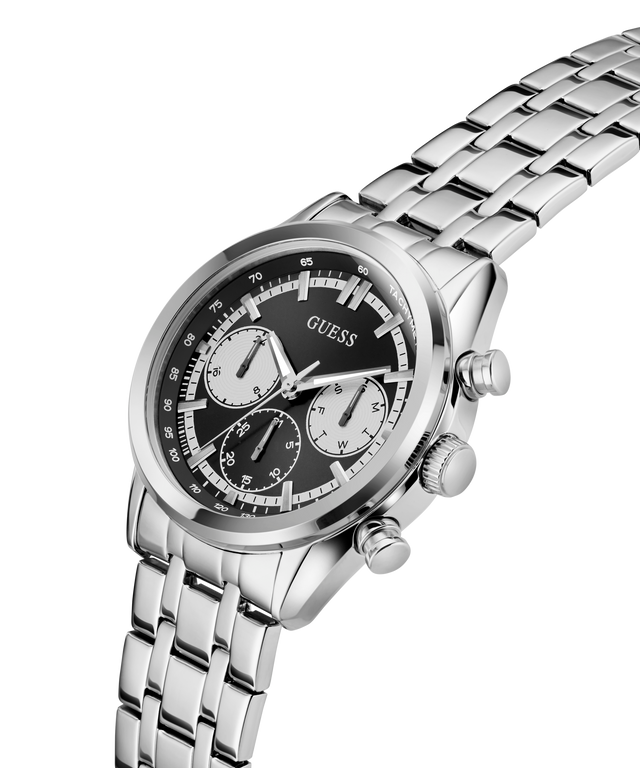Silver GUESS Mens Silver Tone Multi-function Watch with a black face on a white background lifestyle