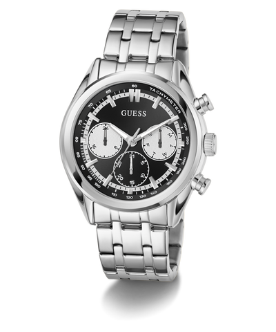 Silver GUESS Mens Silver Tone Multi-function Watch with a black face on a white background