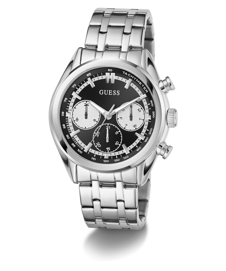 Silver GUESS Mens Silver Tone Multi-function Watch with a black face on a white background