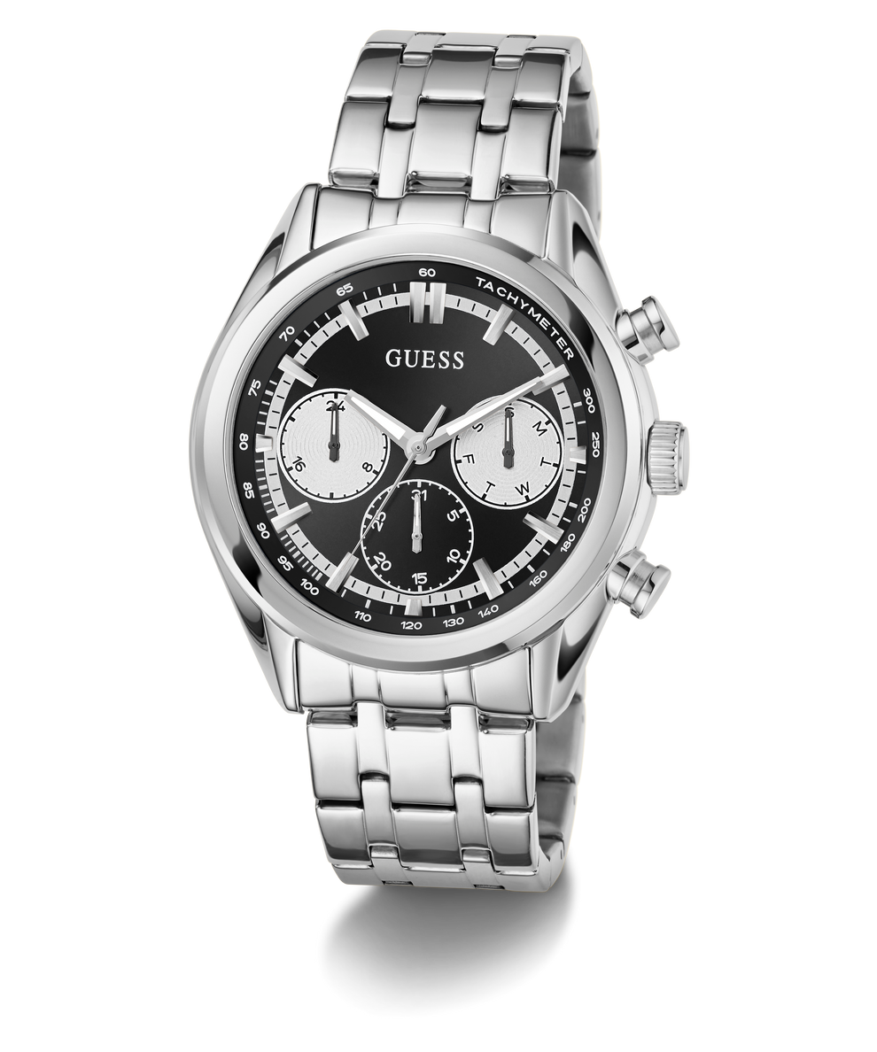 Silver GUESS Mens Silver Tone Multi-function Watch with a black face on a white background
