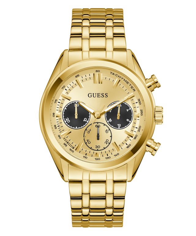 GUESS Mens Gold Tone Multi-function Watch with black face on a white background
