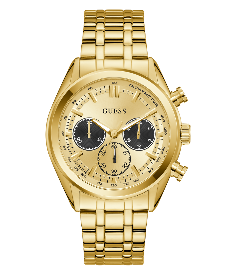 GUESS Mens Gold Tone Multi-function Watch with black face on a white background
