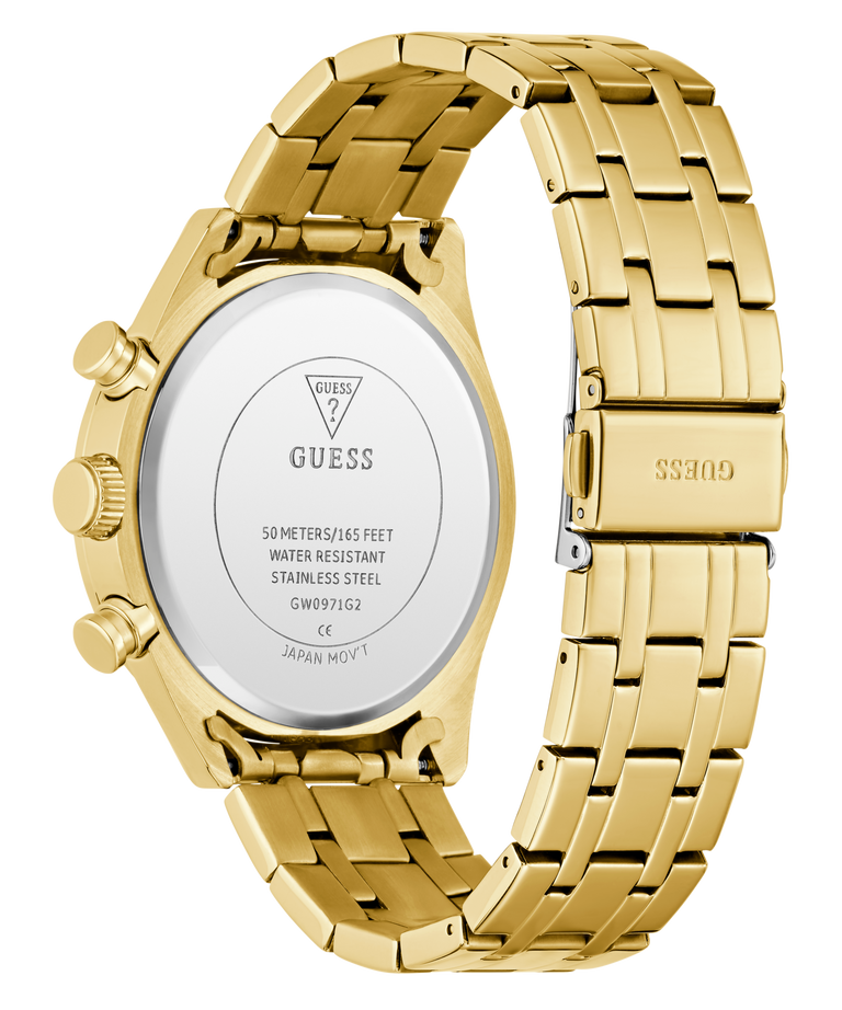 GUESS Mens Gold Tone Multi-function Watch with visible brand logo on a white background