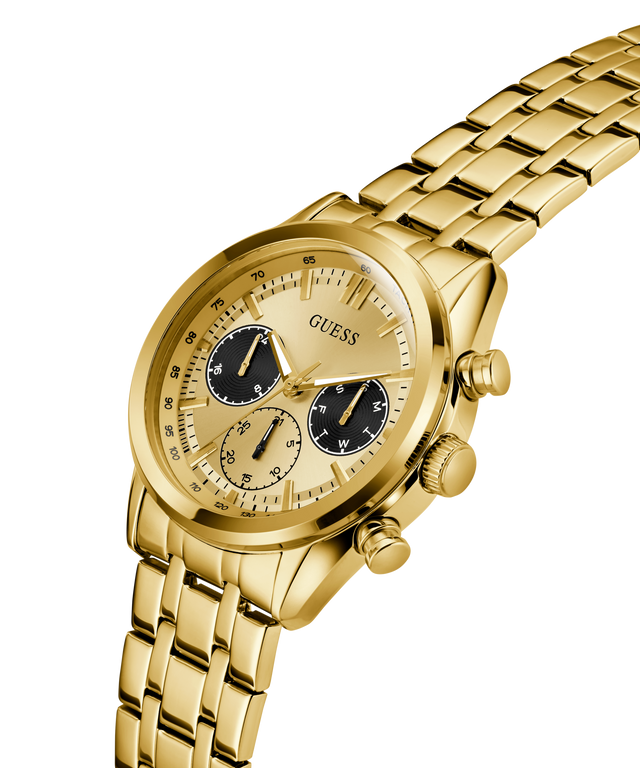 GUESS Mens Gold Tone Multi-function Watch with a visible brand logo on a white background lifestyle