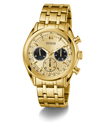 GUESS Mens Gold Tone Multi-function Watch with a visible brand logo on a white background