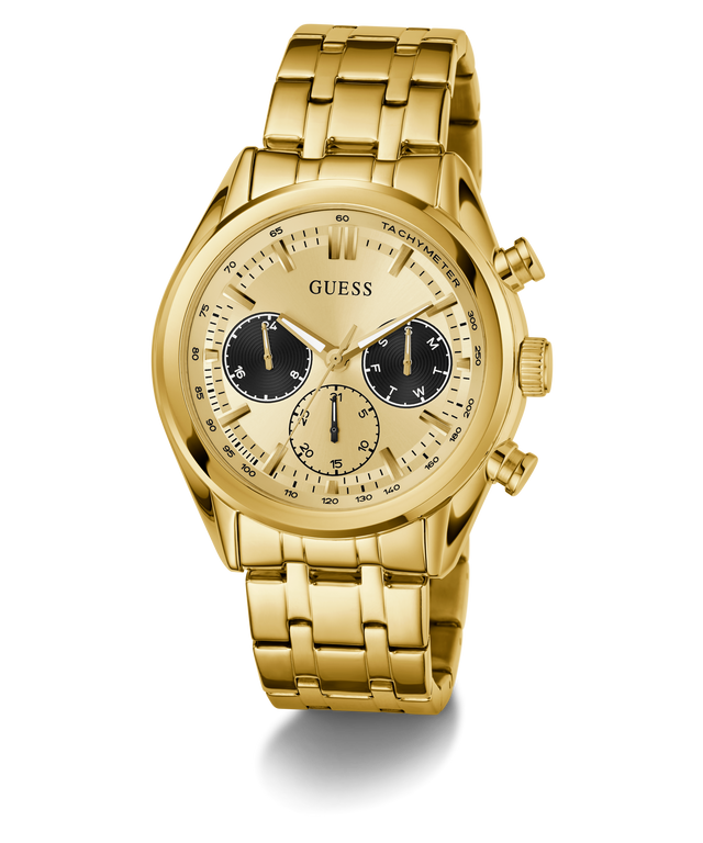 GUESS Mens Gold Tone Multi-function Watch with a visible brand logo on a white background