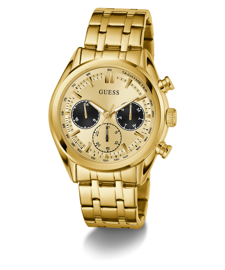 GUESS Mens Gold Tone Multi-function Watch with a visible brand logo on a white background