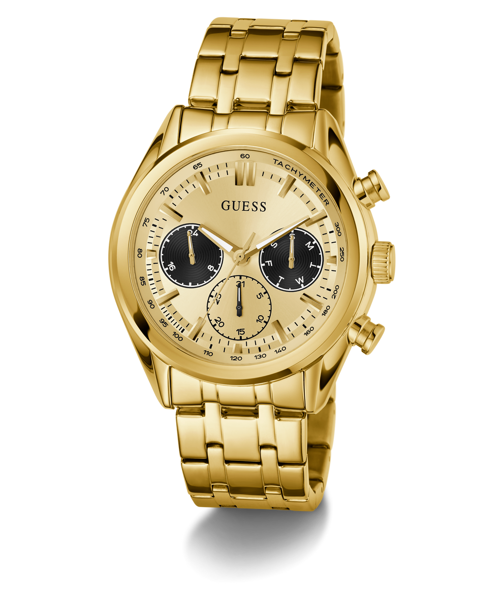 GUESS Mens Gold Tone Multi-function Watch with a visible brand logo on a white background