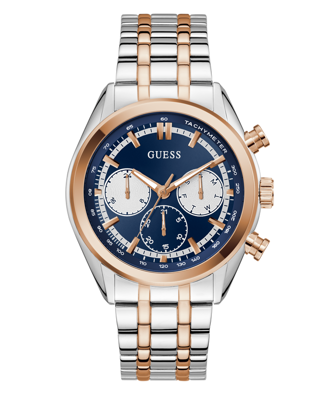 Two-tone GUESS Mens 2-Tone Multi-function Watch with blue face and rose gold accents on a white background