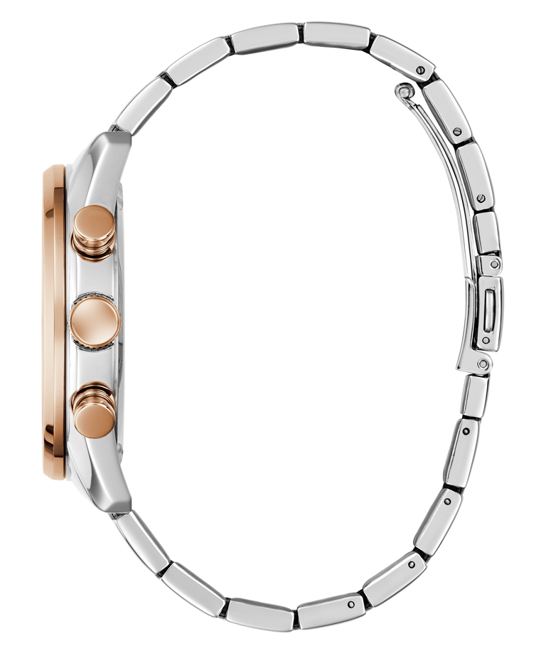 Close-up of a silver and rose gold watch band on a white background