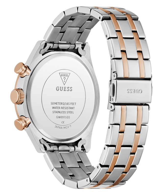 Silver and rose gold GUESS Mens 2-Tone Multi-function Watch with visible brand logo on a white background