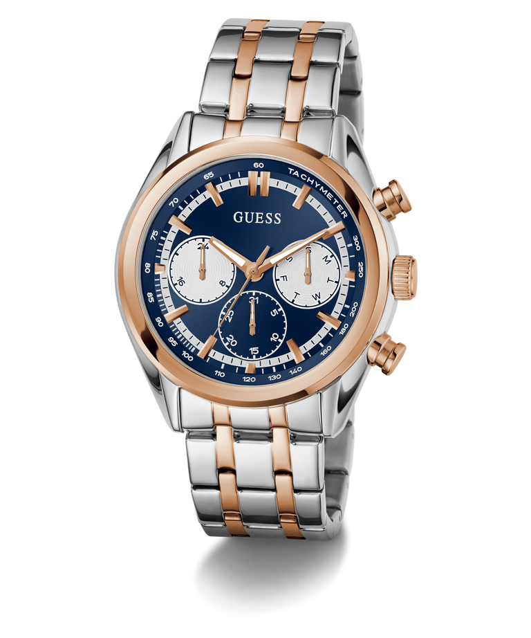 Two-tone GUESS Mens 2-Tone Multi-function Watch with blue face and gold accents on a white background