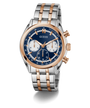 Two-tone GUESS Mens 2-Tone Multi-function Watch with blue face and gold accents on a white background