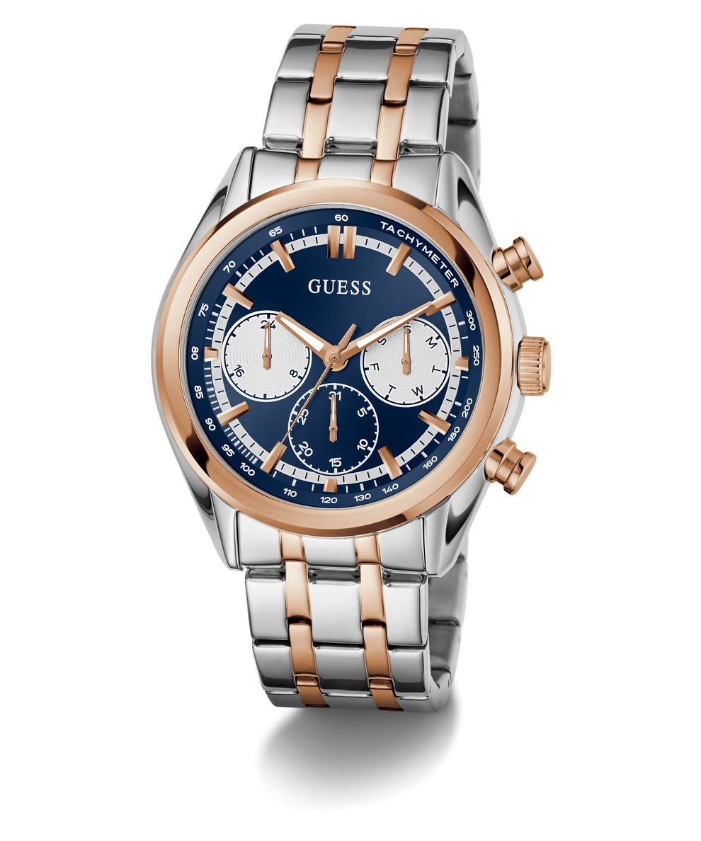 Two-tone GUESS Mens 2-Tone Multi-function Watch with blue face and gold accents on a white background
