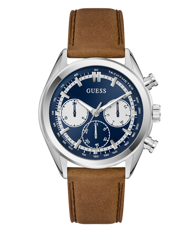 Guess watch with brown leather strap and blue dial on a white background GW0972G1