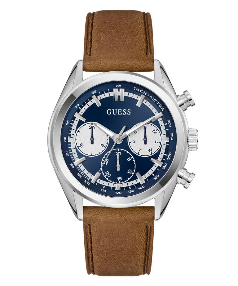 Guess watch with brown leather strap and blue dial on a white background GW0972G1
