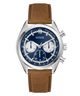 Guess watch with brown leather strap and blue dial on a white background GW0972G1