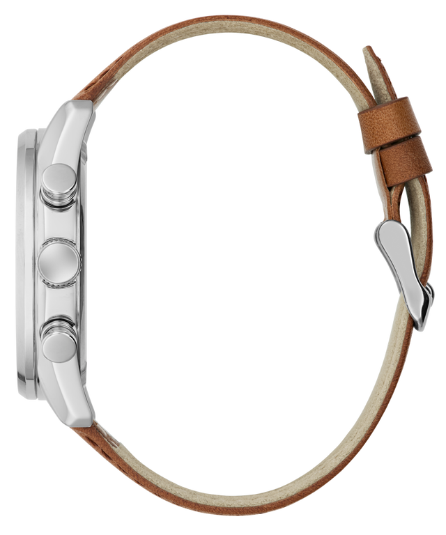 Close-up of a watch with a brown leather strap and silver case on a white background