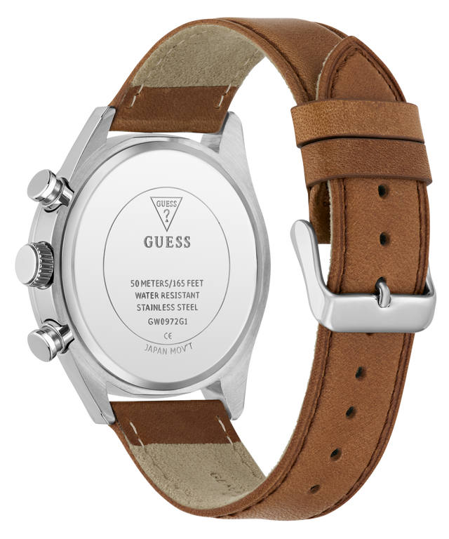 Guess watch with brown leather strap and silver caseback on a white background