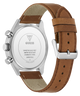 Guess watch with brown leather strap and silver caseback on a white background