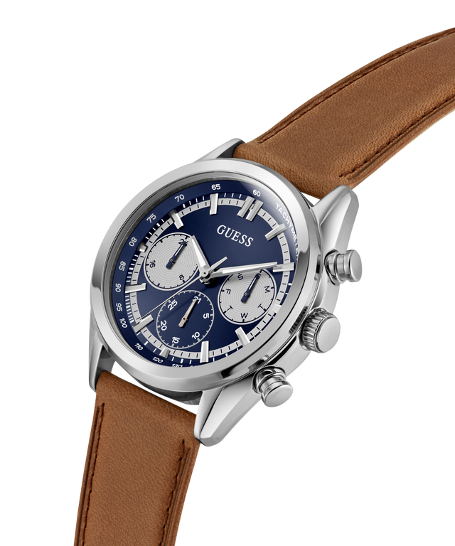 Watch with brown leather strap and blue dial on a white background lifestyle