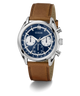 Guess watch with brown leather strap and blue dial on a white background GW0972G1