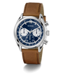 Guess watch with brown leather strap and blue dial on a white background GW0972G1