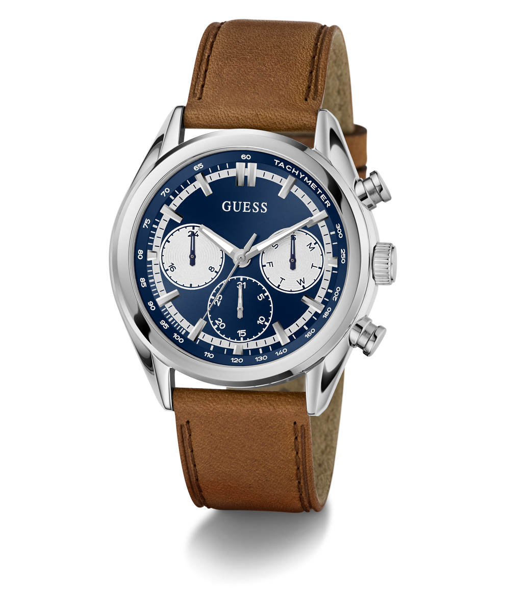 Guess watch with brown leather strap and blue dial on a white background GW0972G1