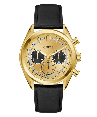 Gold watch with black leather strap on a white background