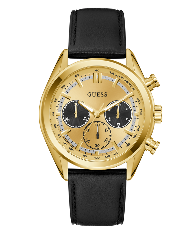 Gold watch with black leather strap on a white background