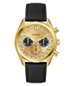 Gold watch with black leather strap on a white background