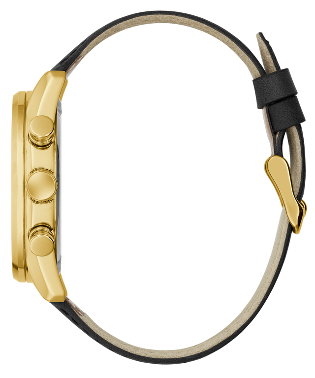 Gold watch with black strap on a white background